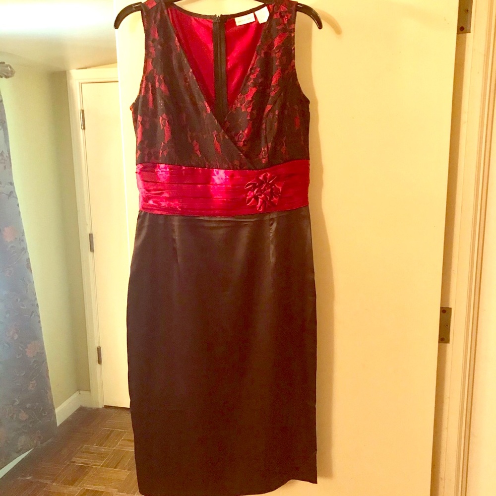 Black and red lace and satin evening dress.